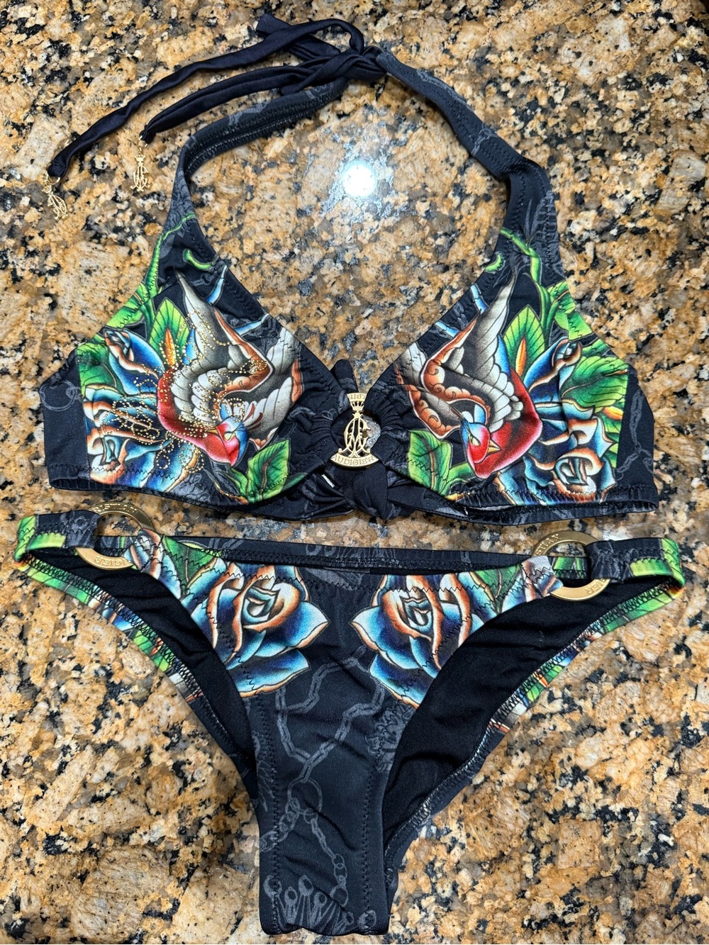 Vintage Y2K Christian Audigier Tattoo Print Bikini two-pieces ā Small